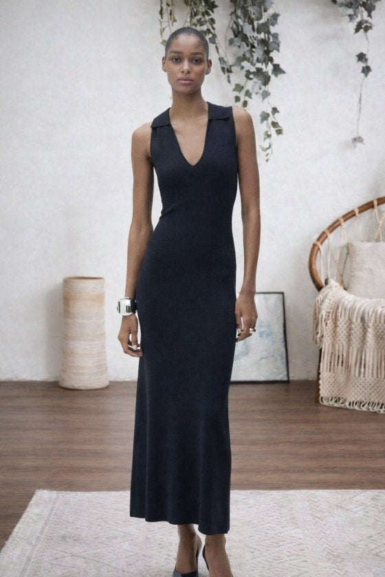 Rochie lungă tricotată, fără mâneci, cu decolteu în V, pentru femei, 32821