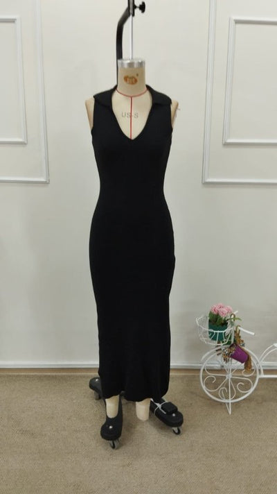 Rochie lungă tricotată, fără mâneci, cu decolteu în V, pentru femei, 32821