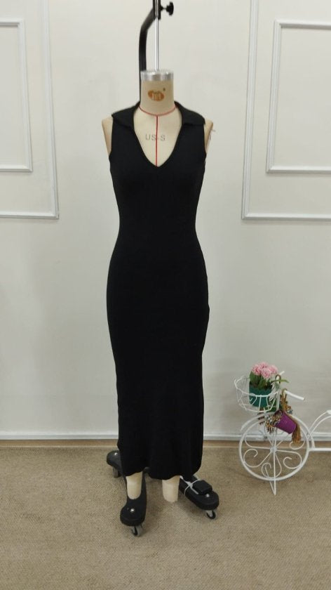 Rochie lungă tricotată, fără mâneci, cu decolteu în V, pentru femei, 32821