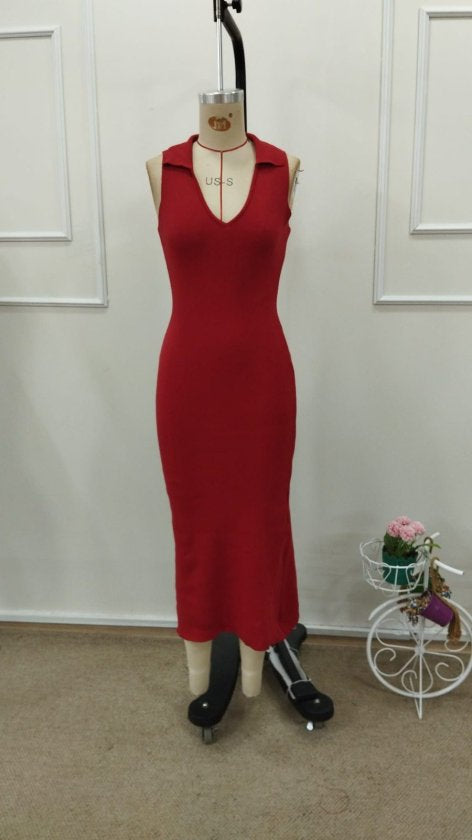 Rochie lungă tricotată, fără mâneci, cu decolteu în V, pentru femei, 32823