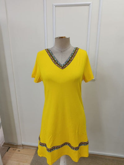 Rochie de damă cu mânecă scurtă, decolteu în V, din viscoză, cu model etnic și detalii tip bandă, 36476