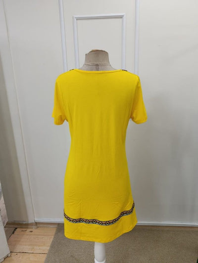 Rochie de damă cu mânecă scurtă, decolteu în V, din viscoză, cu model etnic și detalii tip bandă, 36476