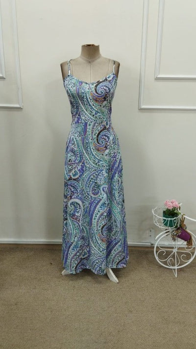 Women's Spaghetti Strap Back Crisscross Cut-Out Long Patterned Supreme Dress, 32846