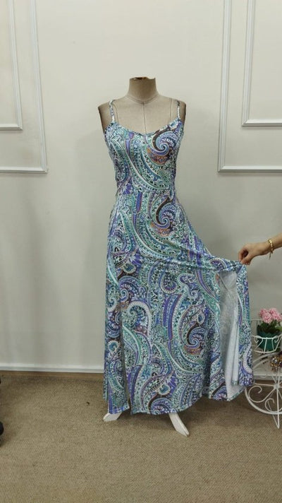 Women's Spaghetti Strap Back Crisscross Cut-Out Long Patterned Supreme Dress, 32846