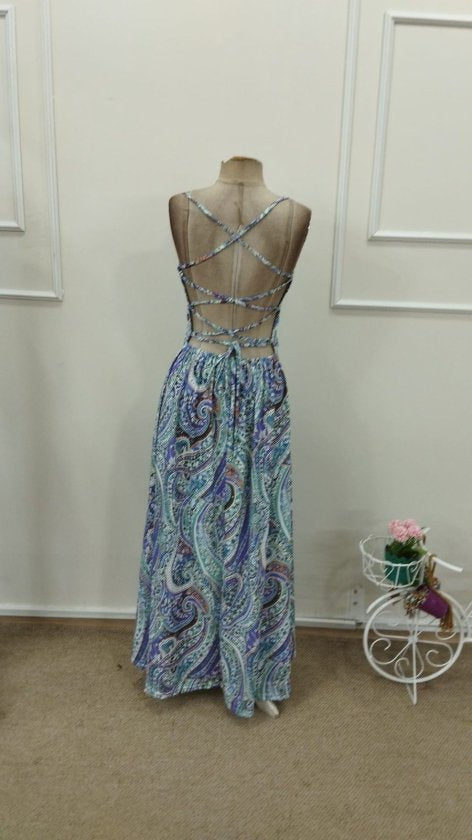 Women's Spaghetti Strap Back Crisscross Cut-Out Long Patterned Supreme Dress, 32846