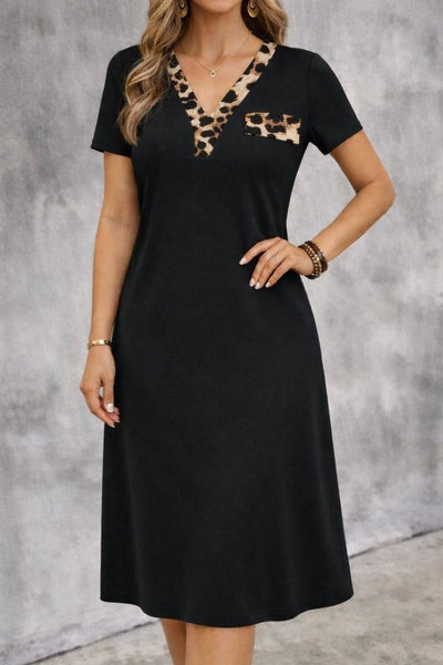 Women's Short Sleeve V-Neck Midi Viscose Dress with Decorative Pocket Detail, 32847