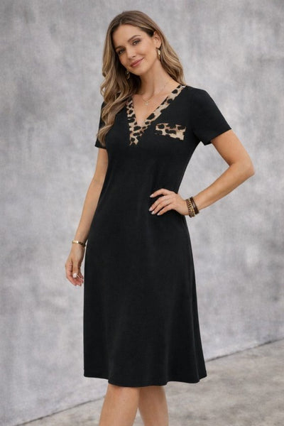 Women's Short Sleeve V-Neck Midi Viscose Dress with Decorative Pocket Detail, 32847