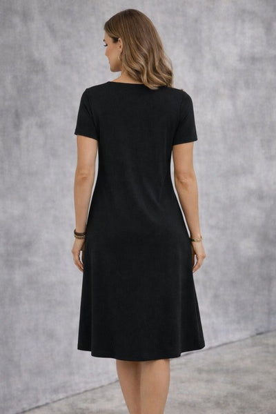 Women's Short Sleeve V-Neck Midi Viscose Dress with Decorative Pocket Detail, 32847