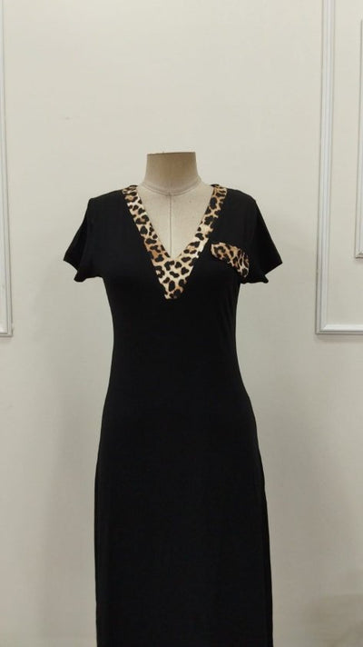 Women's Short Sleeve V-Neck Midi Viscose Dress with Decorative Pocket Detail, 32847