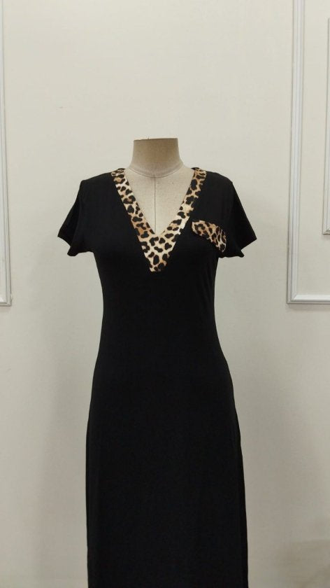 Women's Short Sleeve V-Neck Midi Viscose Dress with Decorative Pocket Detail, 32847
