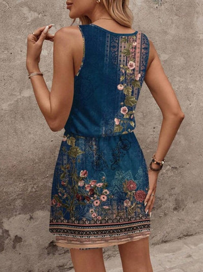 Rochie scurtă Supreme pentru femei, cu guler rotund, bretele, model floral și curea, 34332