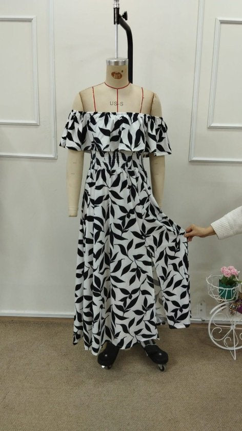 Women's Madonna Neck Ruched Split Long Patterned Suprema Dress, 32869