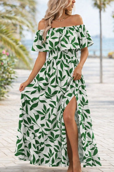 Rochie lungă de damă, din suprafin, cu decolteu tip Madonă, elastic la piept și șliț, cu imprimeu, 35142