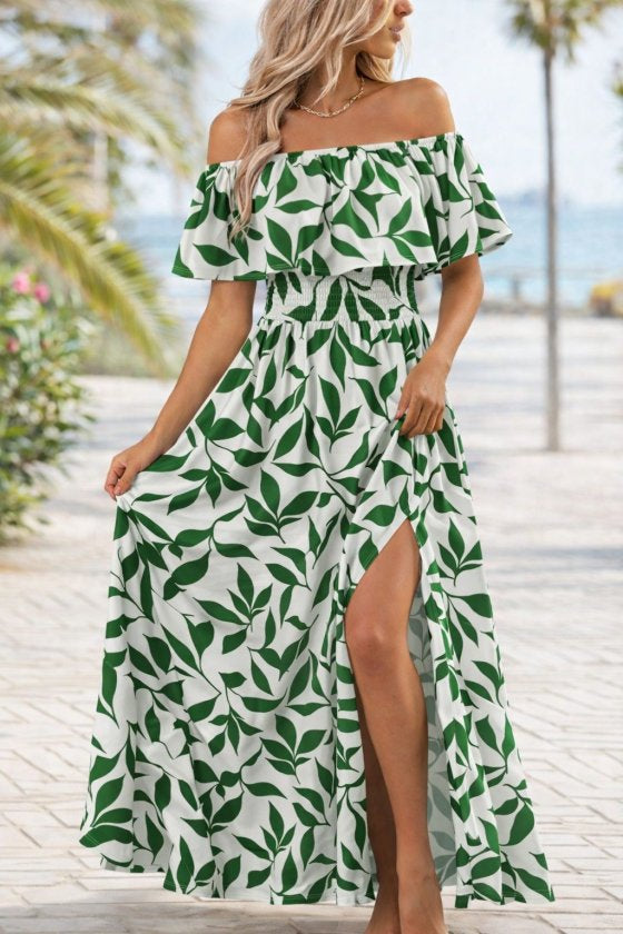 Rochie lungă de damă, din suprafin, cu decolteu tip Madonă, elastic la piept și șliț, cu imprimeu, 35142