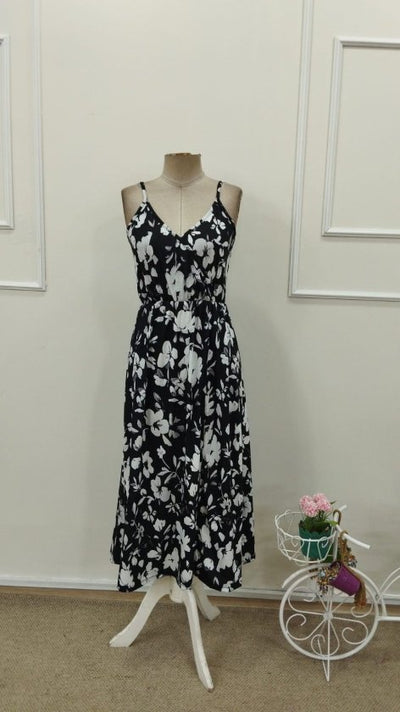 Women's Sleeveless Wrap V-Neck Elastic Waist Front Slit Patterned Supreme Midi Dress, 32881