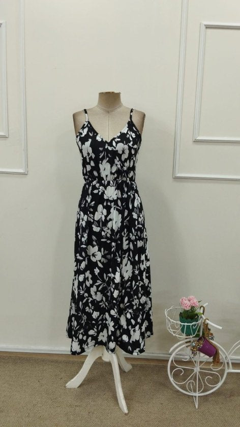 Women's Sleeveless Wrap V-Neck Elastic Waist Front Slit Patterned Supreme Midi Dress, 32881