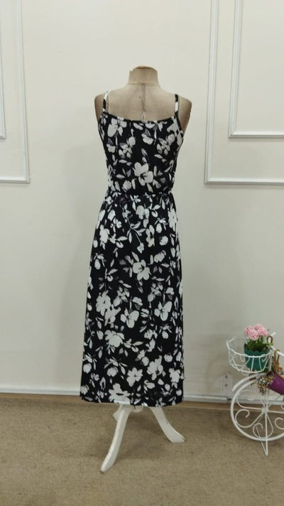 Women's Sleeveless Wrap V-Neck Elastic Waist Front Slit Patterned Supreme Midi Dress, 32881