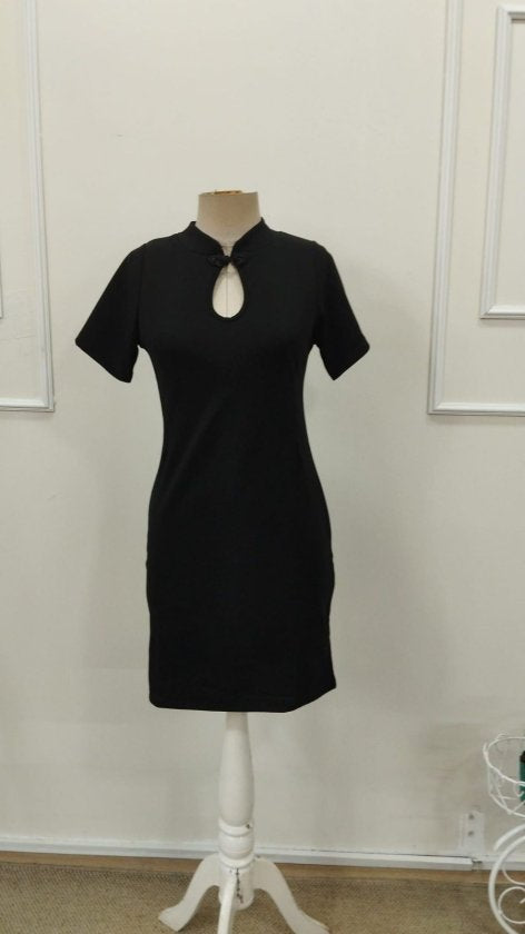 Women's Short Sleeve Drop Neck Detail Lace-Up Neckline Imported Crepe Mini Dress, 32882