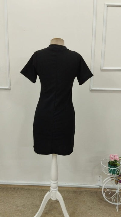 Women's Short Sleeve Drop Neck Detail Lace-Up Neckline Imported Crepe Mini Dress, 32882