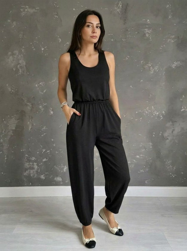 Salopetă din viscoză pentru femei, cu guler rotund și bretele, cu buzunare, 32895