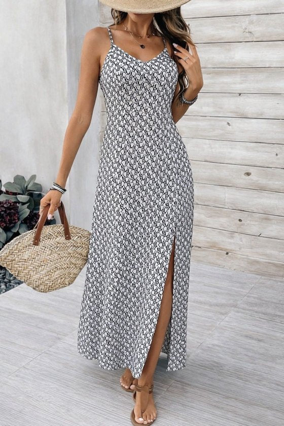 Women's Spaghetti Strap V-Neck Slit Long Supreme Dress, 32918