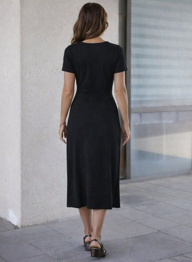 Rochie midi din viscoză, cu mânecă scurtă și guler rotund, cu crăpătură laterală, pentru femei, 32939