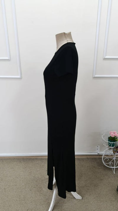 Rochie midi din viscoză, cu mânecă scurtă și guler rotund, cu crăpătură laterală, pentru femei, 32939