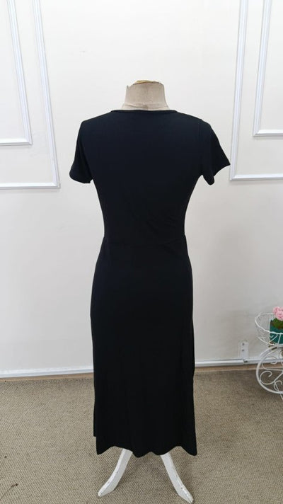 Rochie midi din viscoză, cu mânecă scurtă și guler rotund, cu crăpătură laterală, pentru femei, 32939