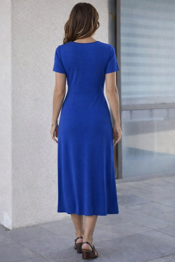 Women's Short-Sleeved Crew Neck Side Slit Midi Viscose Dress, 32941