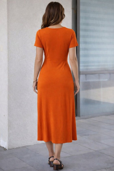 Women's Short Sleeve Crew Neck Side Slit Midi Viscose Dress, 32942