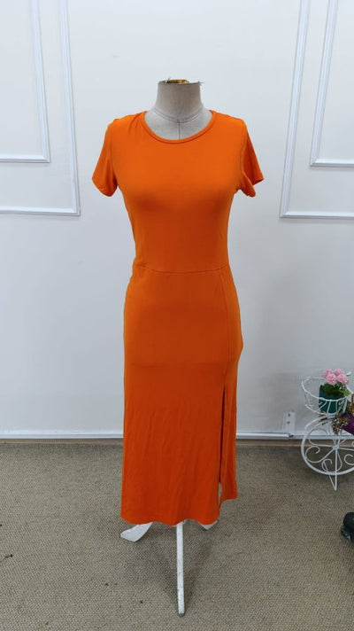 Women's Short Sleeve Crew Neck Side Slit Midi Viscose Dress, 32942