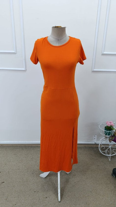 Women's Short Sleeve Crew Neck Side Slit Midi Viscose Dress, 32942