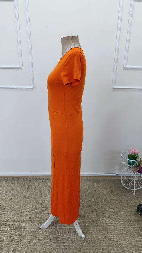 Women's Short Sleeve Crew Neck Side Slit Midi Viscose Dress, 32942