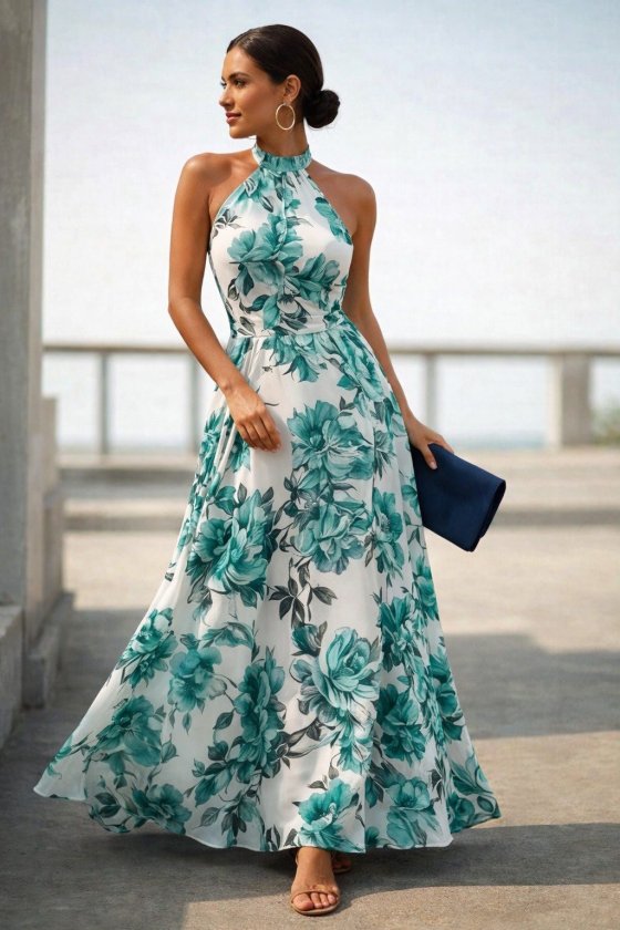 Women's Off-the-Shoulder Turtleneck Patterned Long Suprem Dress, 32943