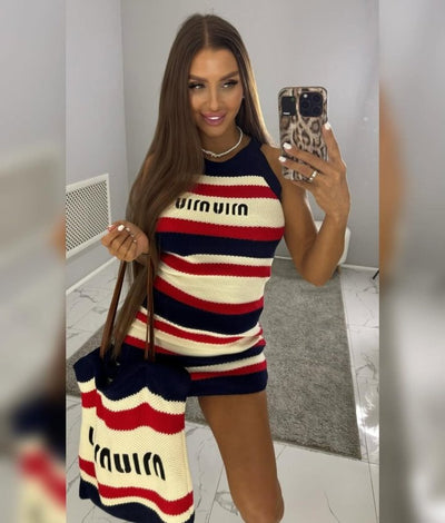 Rochie scurtă tricotată multicoloră pentru femei, cu umeri goi, 32944