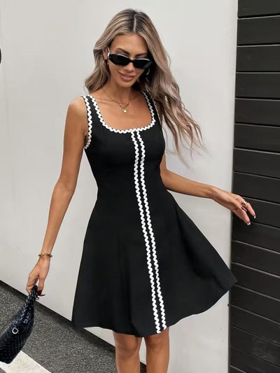 Women's Strappy Round Neck Striped Pattern Short Flared Dress, 32966