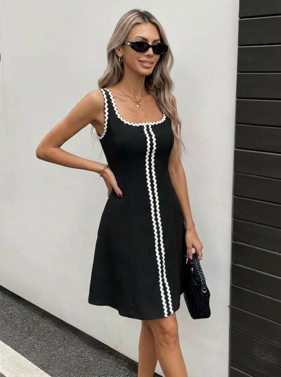 Women's Strappy Round Neck Striped Pattern Short Flared Dress, 32966