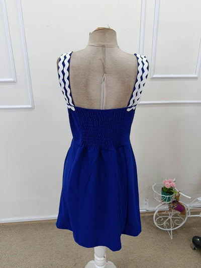Rochie scurtă evazată cu model cu dungi, guler rotund și bretele pentru femei, 32969