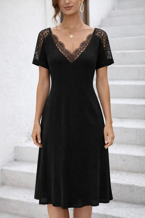 Rochie midi de damă din viscoză, cu mânecă scurtă, decolteu în V și dantelă, 32977