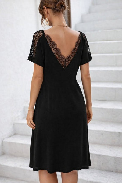 Rochie midi de damă din viscoză, cu mânecă scurtă, decolteu în V și dantelă, 32977