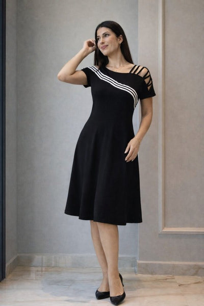 Women's Short Sleeve Off-Shoulder Striped Detail Midi Viscose Dress, 32990