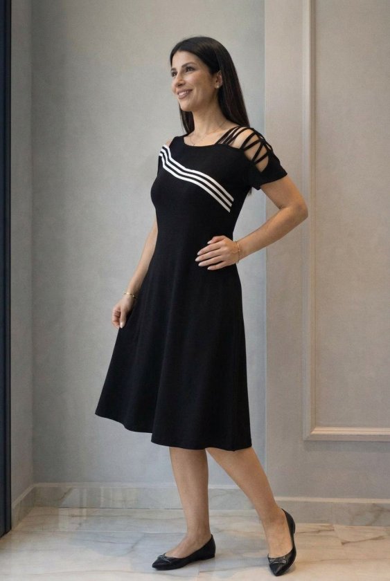 Women's Short Sleeve Off-Shoulder Striped Detail Midi Viscose Dress, 32990