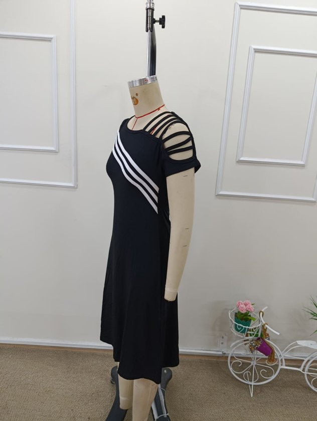Women's Short Sleeve Off-Shoulder Striped Detail Midi Viscose Dress, 32990