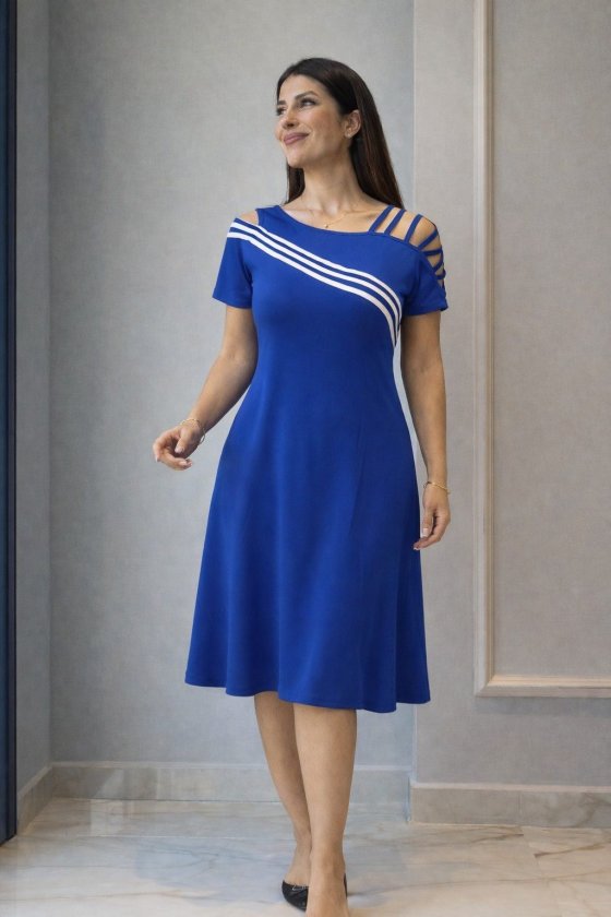 Rochie midi din viscoză cu mânecă scurtă și bretele decupate, pentru femei, 32992