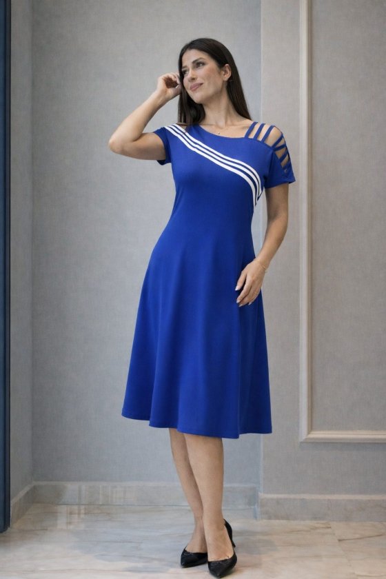 Rochie midi din viscoză cu mânecă scurtă și bretele decupate, pentru femei, 32992