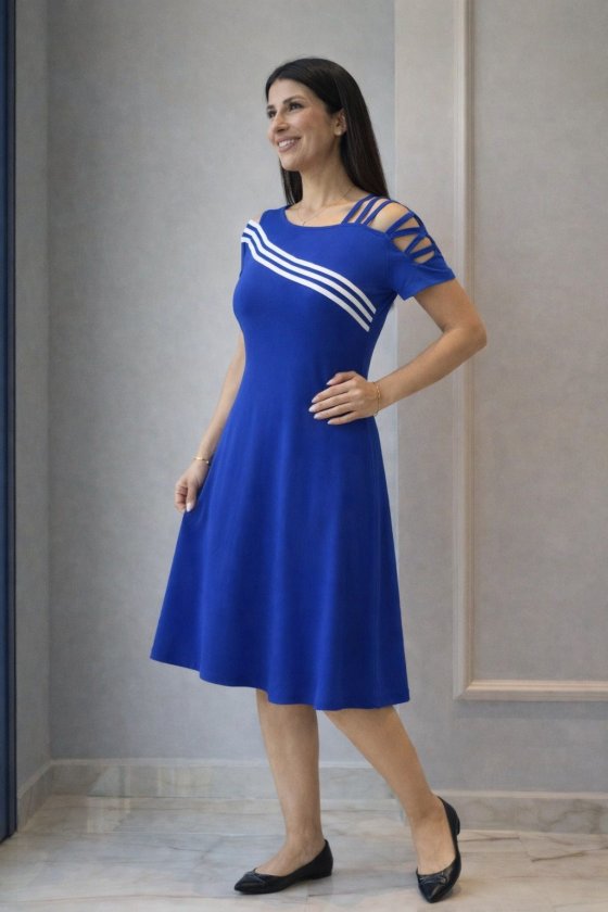 Rochie midi din viscoză cu mânecă scurtă și bretele decupate, pentru femei, 32992