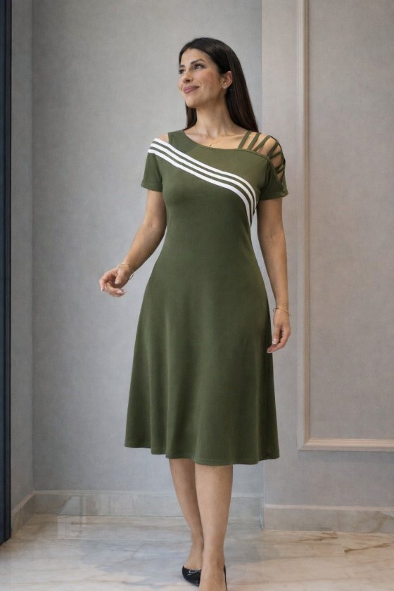 Women's Short Sleeve Off-Shoulder Midi Viscose Dress with Strip Detail, 32993