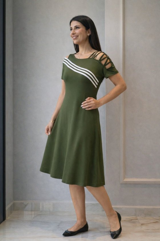 Women's Short Sleeve Off-Shoulder Midi Viscose Dress with Strip Detail, 32993