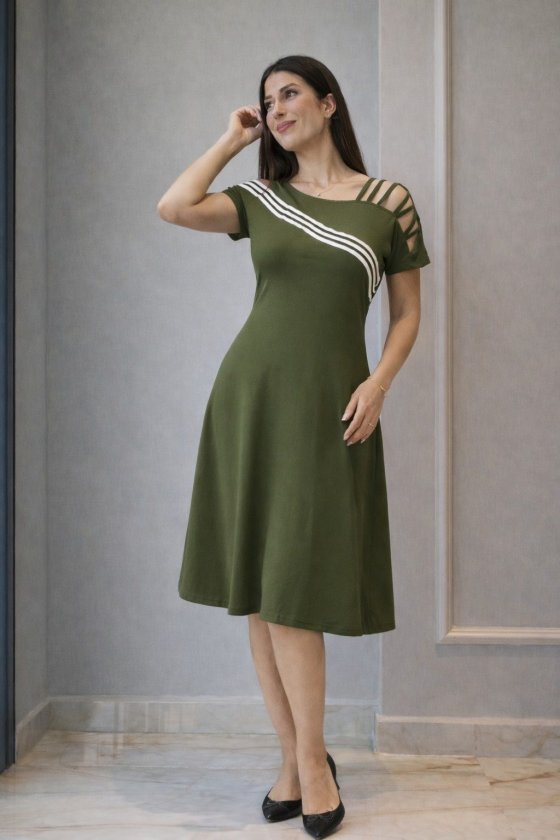 Women's Short Sleeve Off-Shoulder Midi Viscose Dress with Strip Detail, 32993