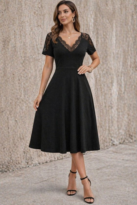 Women's Short Sleeve V-Neck Lace Midi Viscose Dress, 32994